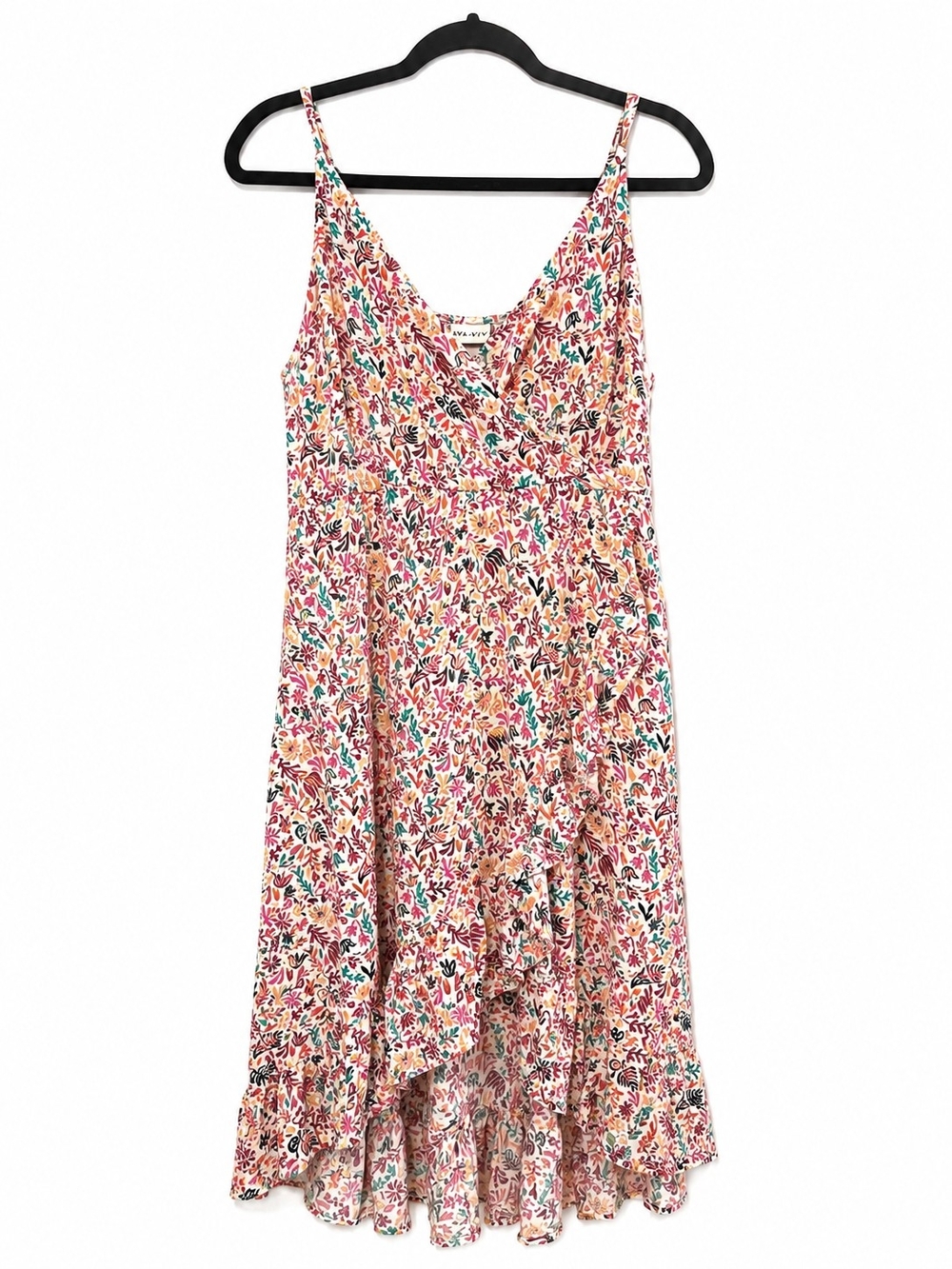 Ava & Viv White Floral Wrap Dress with Teal, Pink, Red & Black Motifs